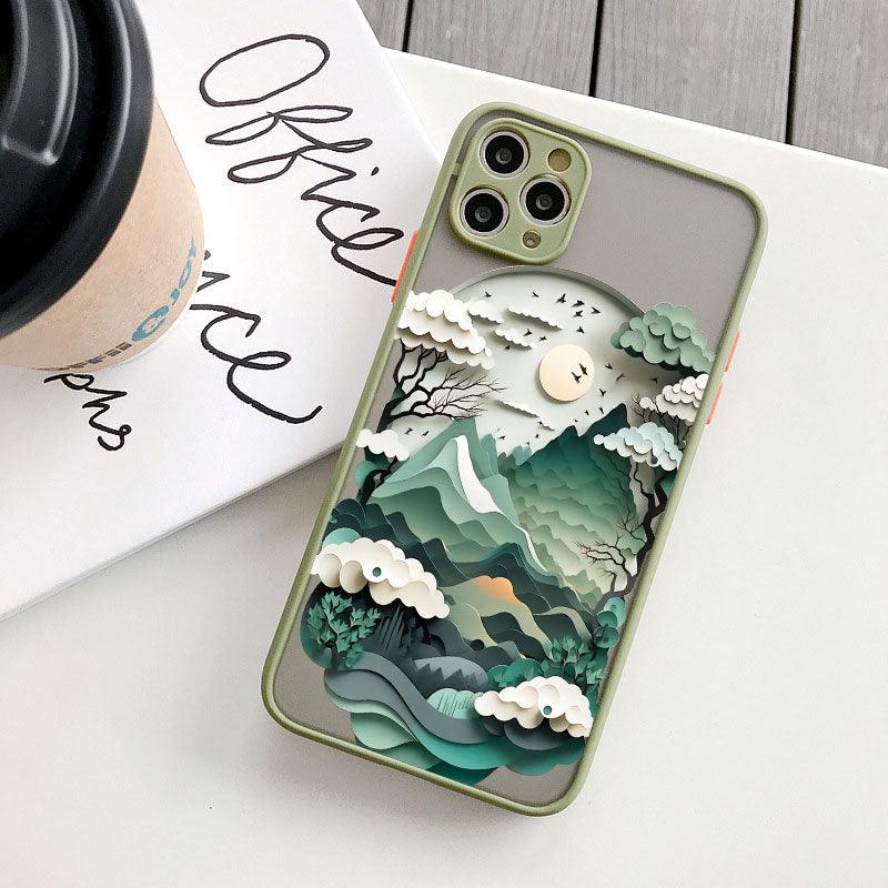 Coque iPhone 12 Pro verte avec paysage montagneux en relief et nuages blancs en 3D. - Wiqeo