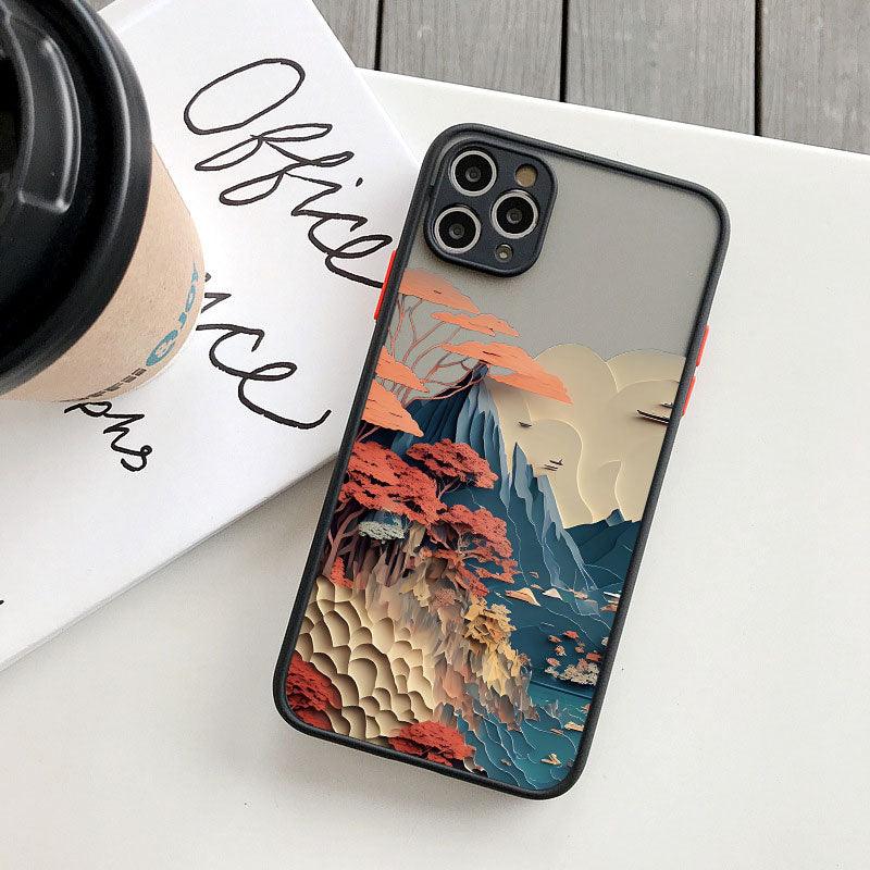 Coque iPhone 13 Pro Max avec paysage montagneux coloré en style peinture asiatique, tons bleu, rouge et beige. - Wiqeo