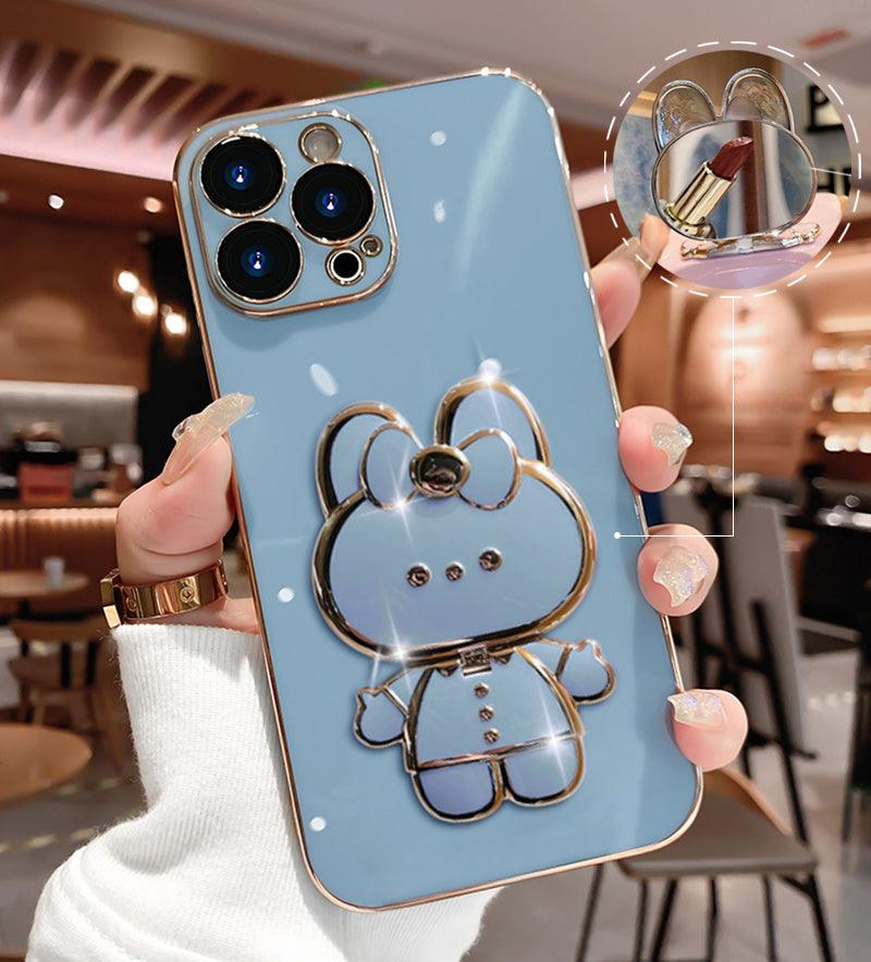 Coque luxe bleu clair pour iPhone 13 Pro Max avec support ours métallisé et miroir intégré. - Wiqeo