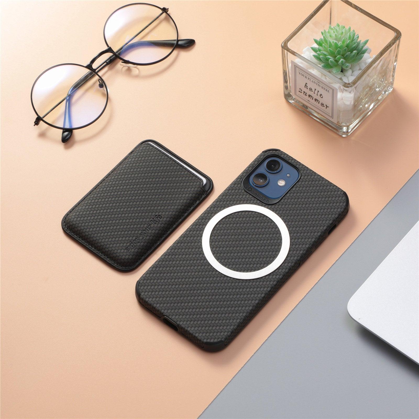 Coque noire aspect cuir avec porte-carte MagSafe pour iPhone 14 Plus, texture tressée. - Wiqeo