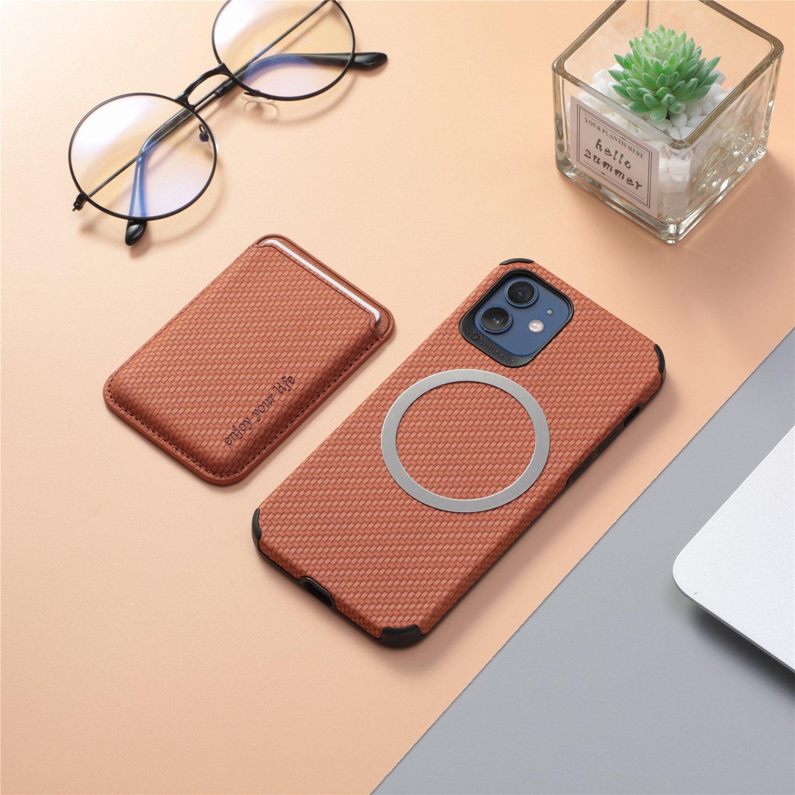 Coque iPhone 15 marron effet cuir avec anneau MagSafe et porte-carte assorti texturé. - Wiqeo