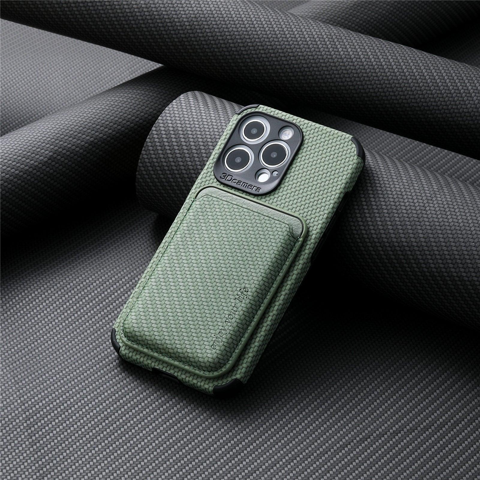 Coque porte-carte vert kaki aspect cuir texturé avec emplacement Magsafe pour iPhone 15. - Wiqeo