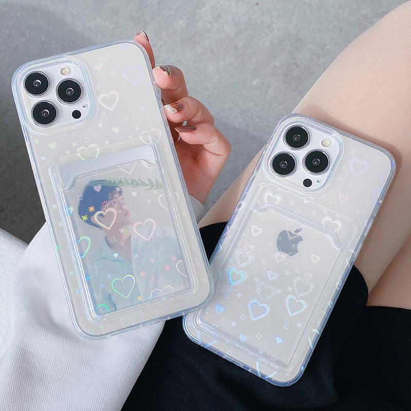 Coques transparentes pour iPhone 14 Plus avec porte-carte et motifs de cœurs colorés scintillants. - Wiqeo