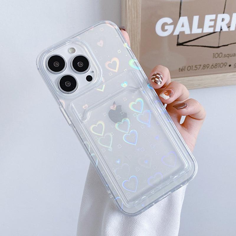 Coque transparente pour iPhone 14 Pro avec motif de cœurs brillants et porte-carte intégré. - Wiqeo