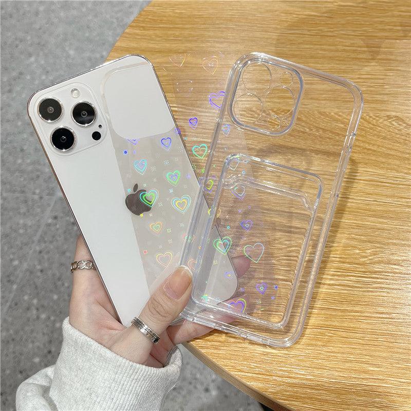 Coque transparente pour iPhone 15 Plus avec motif de petits cœurs irisés et porte-carte intégré. - Wiqeo