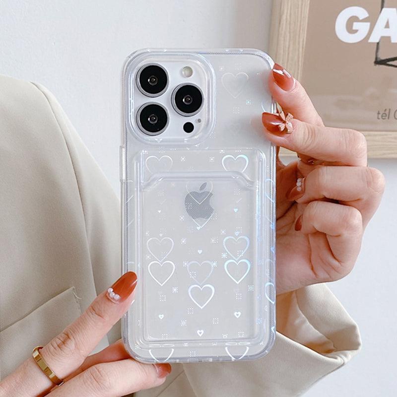 Coque porte-carte transparente en cœurs blancs pour iPhone 15 Plus avec paillettes intégrées. - Wiqeo