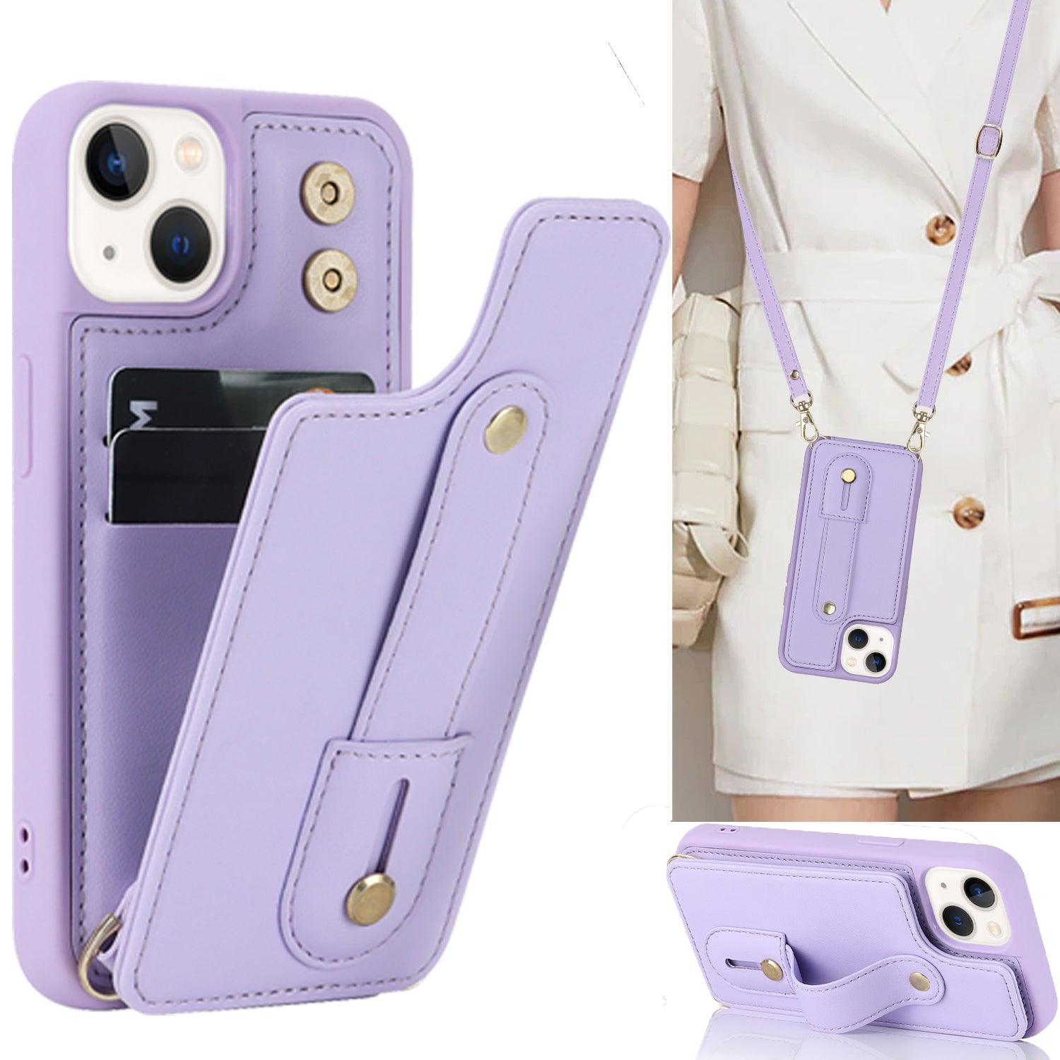 Coque portefeuille violet aspect cuir pour iPhone 12 Pro Max avec sangle ajustable et fermeture bouton-pression. - Wiqeo