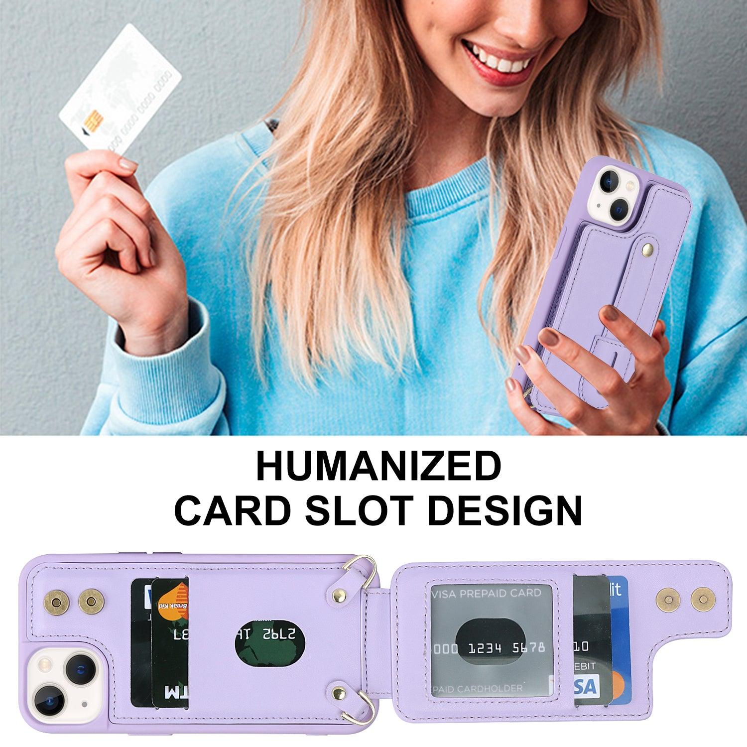 Coque portefeuille violet en cuir avec sangle pour iPhone 15 Plus et emplacements cartes intégrés. - Wiqeo