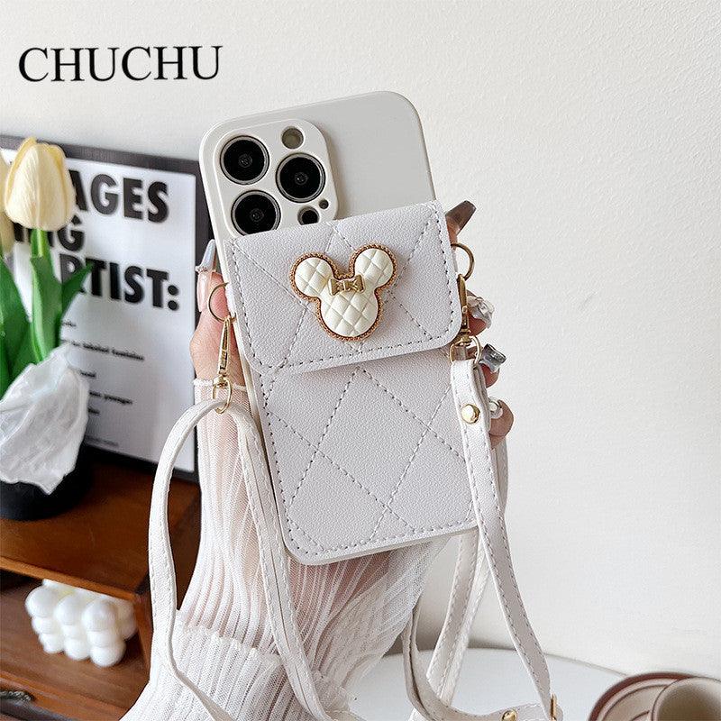 Coque portefeuille blanc aspect cuir diamant avec pochette et motif tête de souris pour iPhone 14 Plus. - Wiqeo