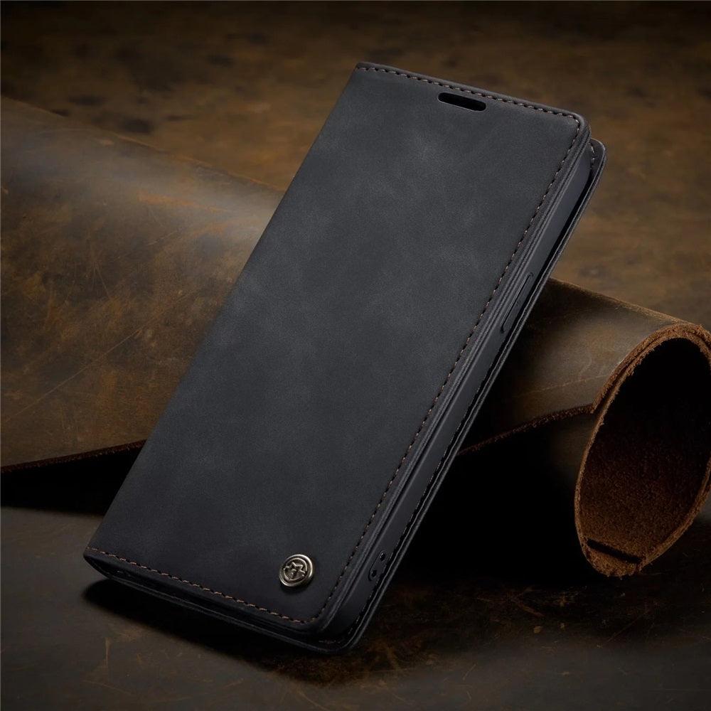 Coque portefeuille magnétique noir aspect cuir pour iPhone 13 avec boucle métallique ronde. - Wiqeo