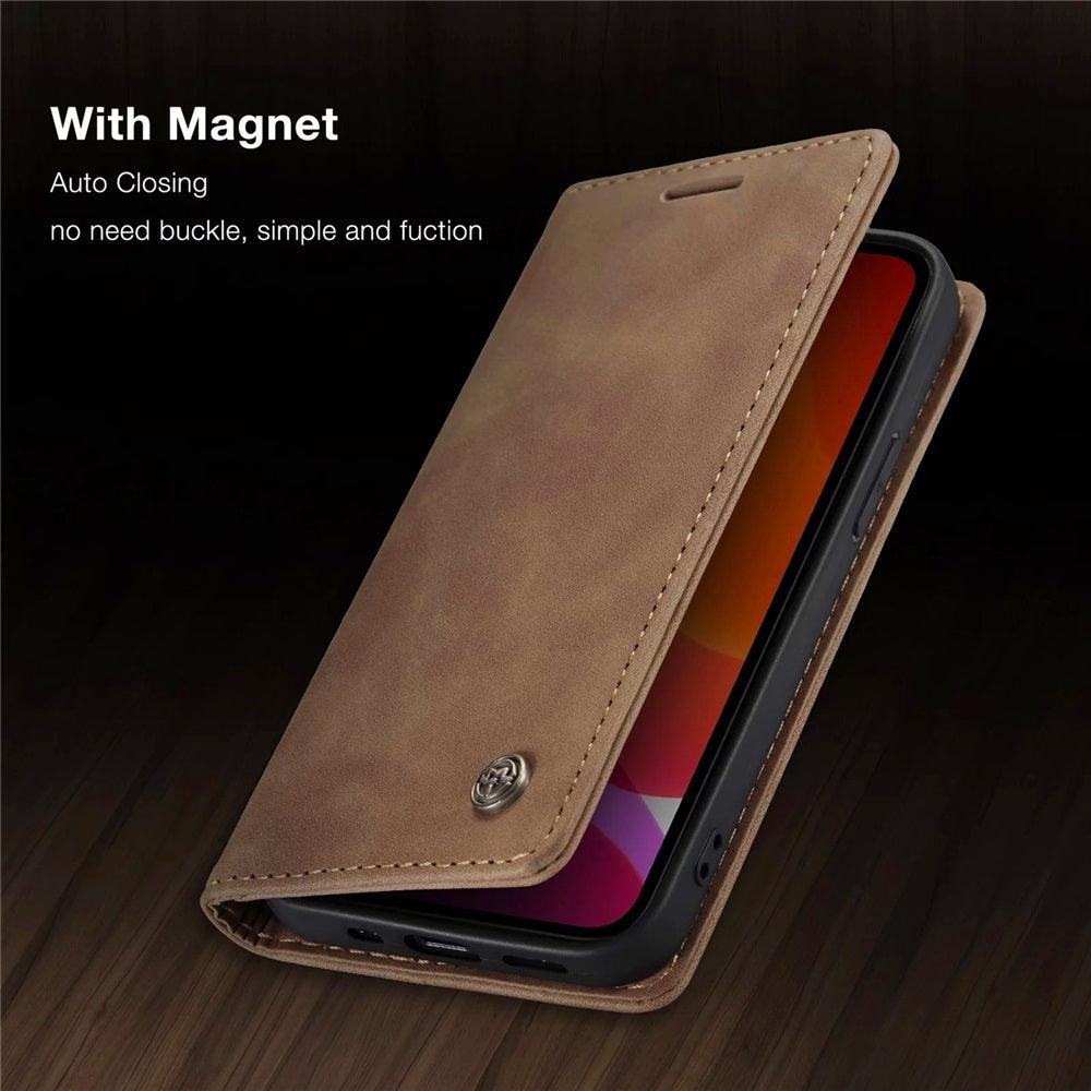 Coque portefeuille magnétique marron clair aspect cuir pour iPhone 14 Pro Max avec fermeture aimantée. - Wiqeo