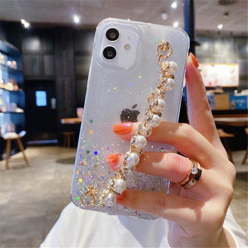 Coque iPhone 12 Pro Max transparente scintillante avec chaîne de perles blanches et dorées. - Wiqeo