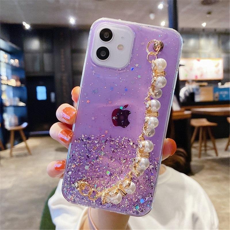 Coque violet scintillante avec chaîne de perles blanches pour iPhone 12 Pro Max. - Wiqeo
