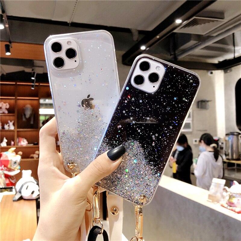 Coque Scintillante et Transparente avec Sangle pour iPhone 13 - Coque Wiqeo 10€-15€, Chaine, Coque, iPhone 13, Scintillante, Silicone Wiqeo, Déstockeur de Coques Pour iPhone