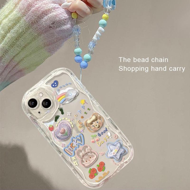 Coque transparente iPhone 15 Plus avec bracelet perlé coloré et stickers mignons variés. - Wiqeo