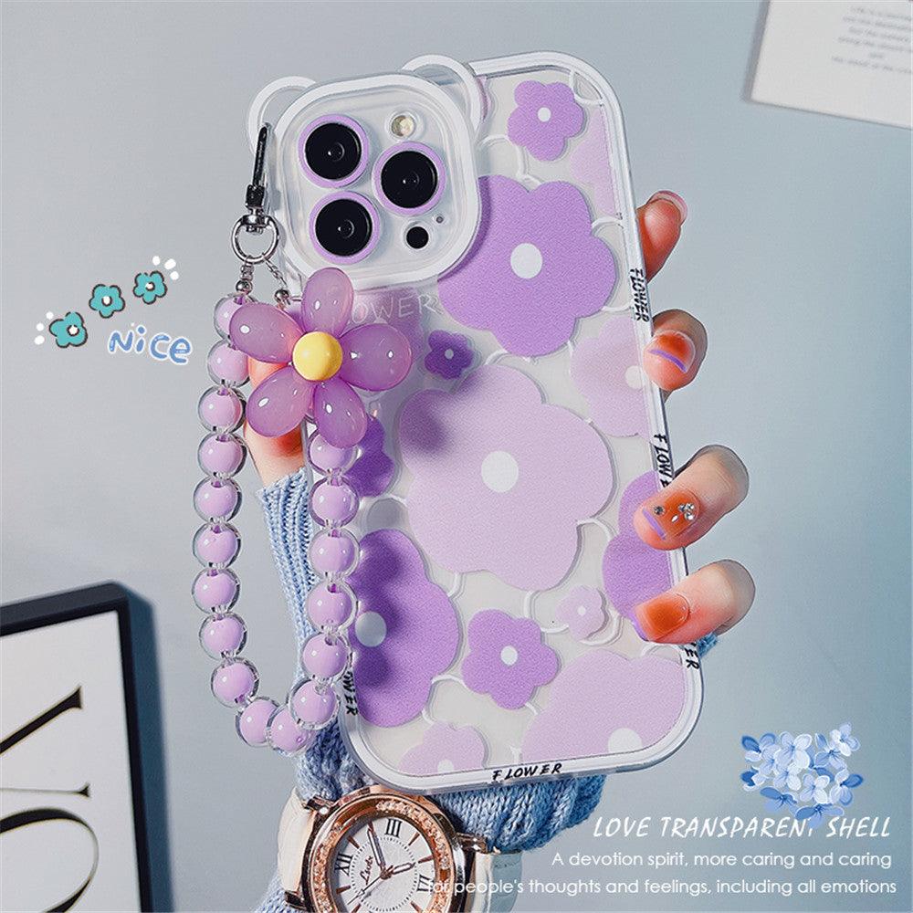 Coque transparente iPhone 12 Pro Max avec fleurs violettes et chaîne pendante en perles rose pâle. - Wiqeo