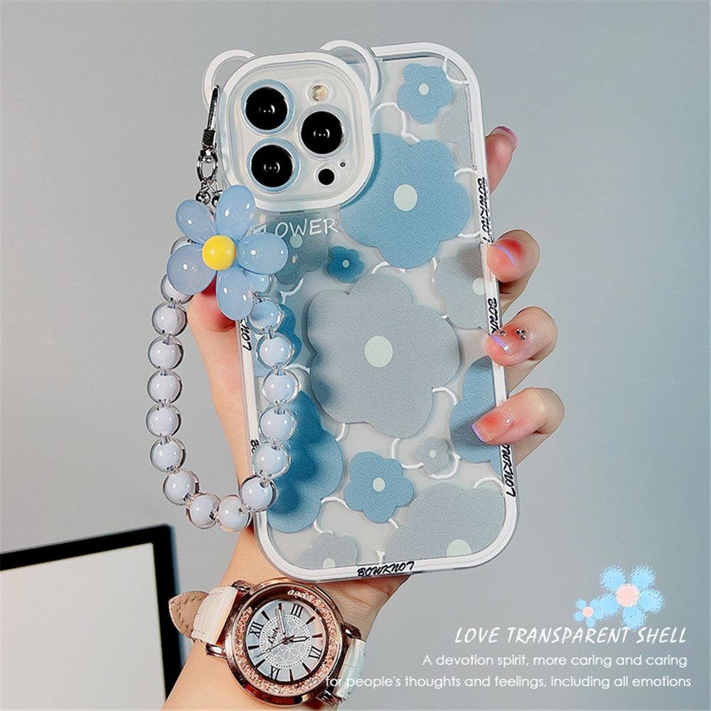 Coque transparente iPhone 12 Pro Max avec fleurs bleues et chaîne pendante perles blanches et bleues. - Wiqeo