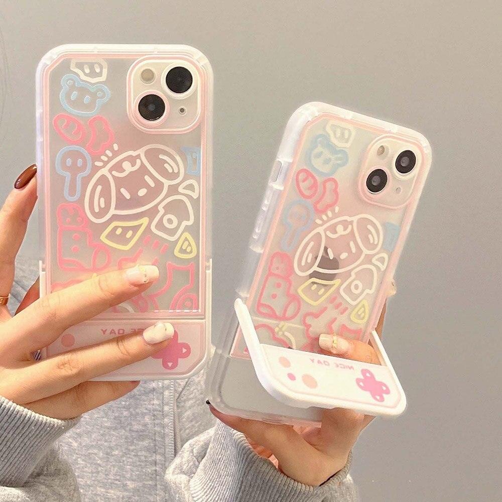 Coque transparente pour iPhone 12 Pro avec support latéral et design coloré de personnage cartoon. - Wiqeo