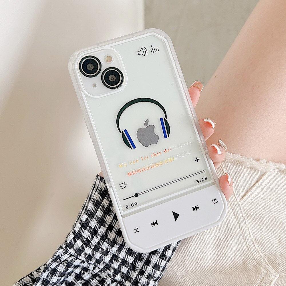 Coque transparente iPhone 13 Pro Max avec support latéral et motif casque audio bleu et noir. - Wiqeo