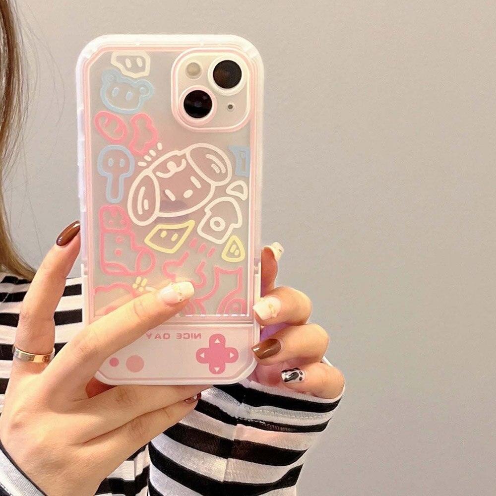 Coque transparente pour iPhone 13 Pro Max avec motifs colorés et support latéral rose pâle. - Wiqeo