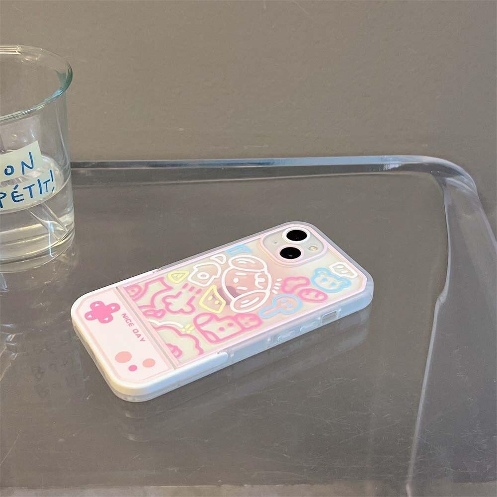 Coque iPhone 15 transparente avec support latéral motifs multicolores pastel kawaii. - Wiqeo