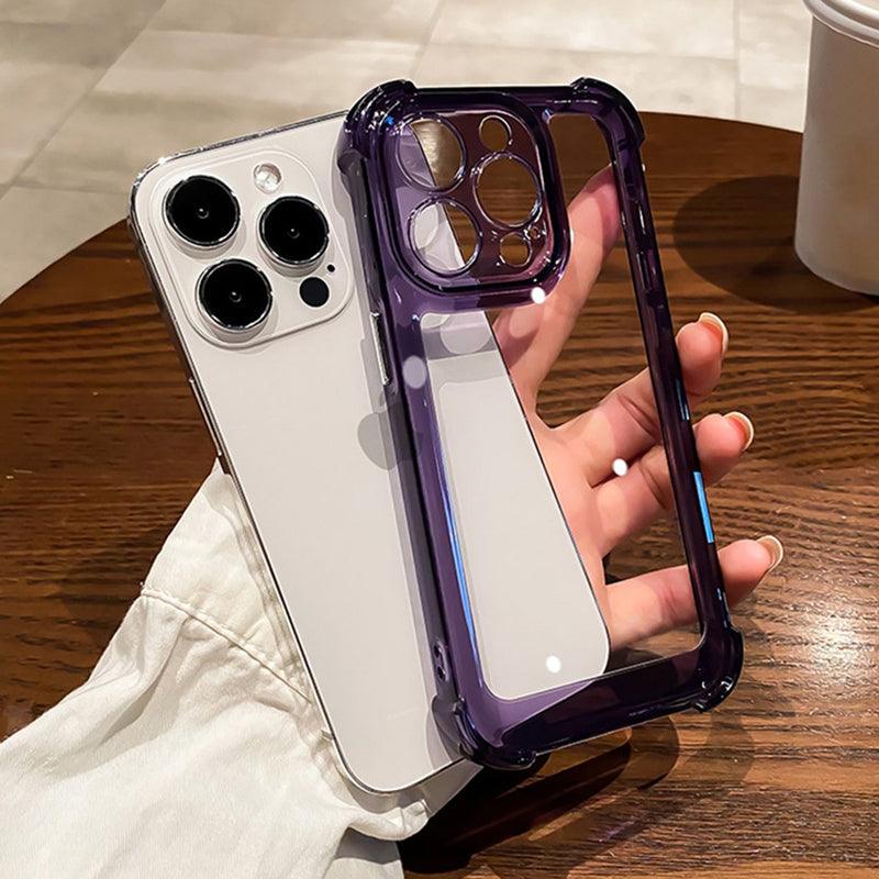 Coque en silicone violet transparent renforcé pour iPhone 15 Pro Max avec bords protégés.