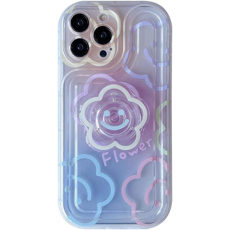 Coque transparente pour iPhone 13 Pro Max avec motif fleur sourire et texte "Flower" en couleurs pastel. - Wiqeo