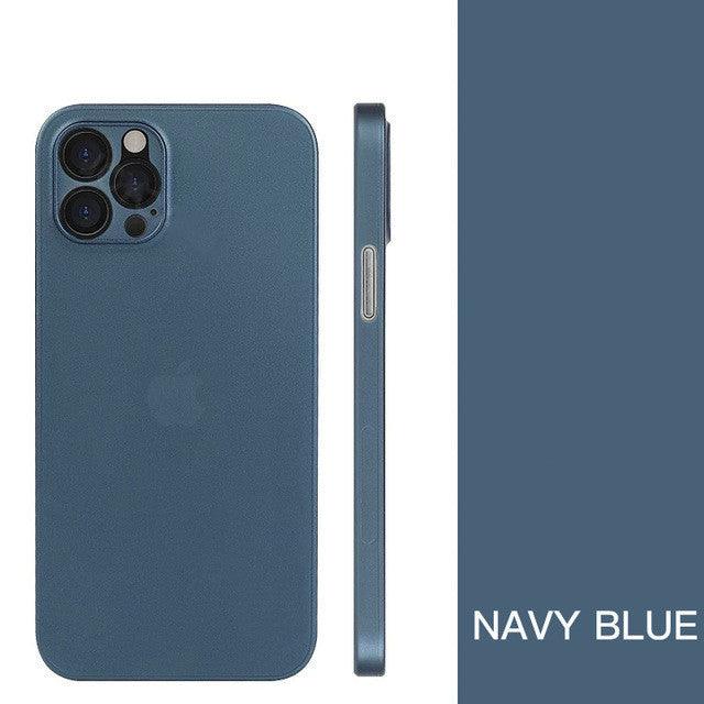 Coque transparente ultra fine bleu marine pour iPhone 14 Plus, vue arrière et profil fin. - Wiqeo