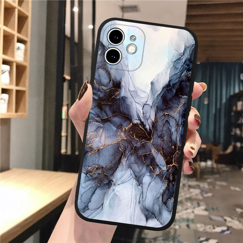 Coque en verre trempé iPhone 15, marbre noir