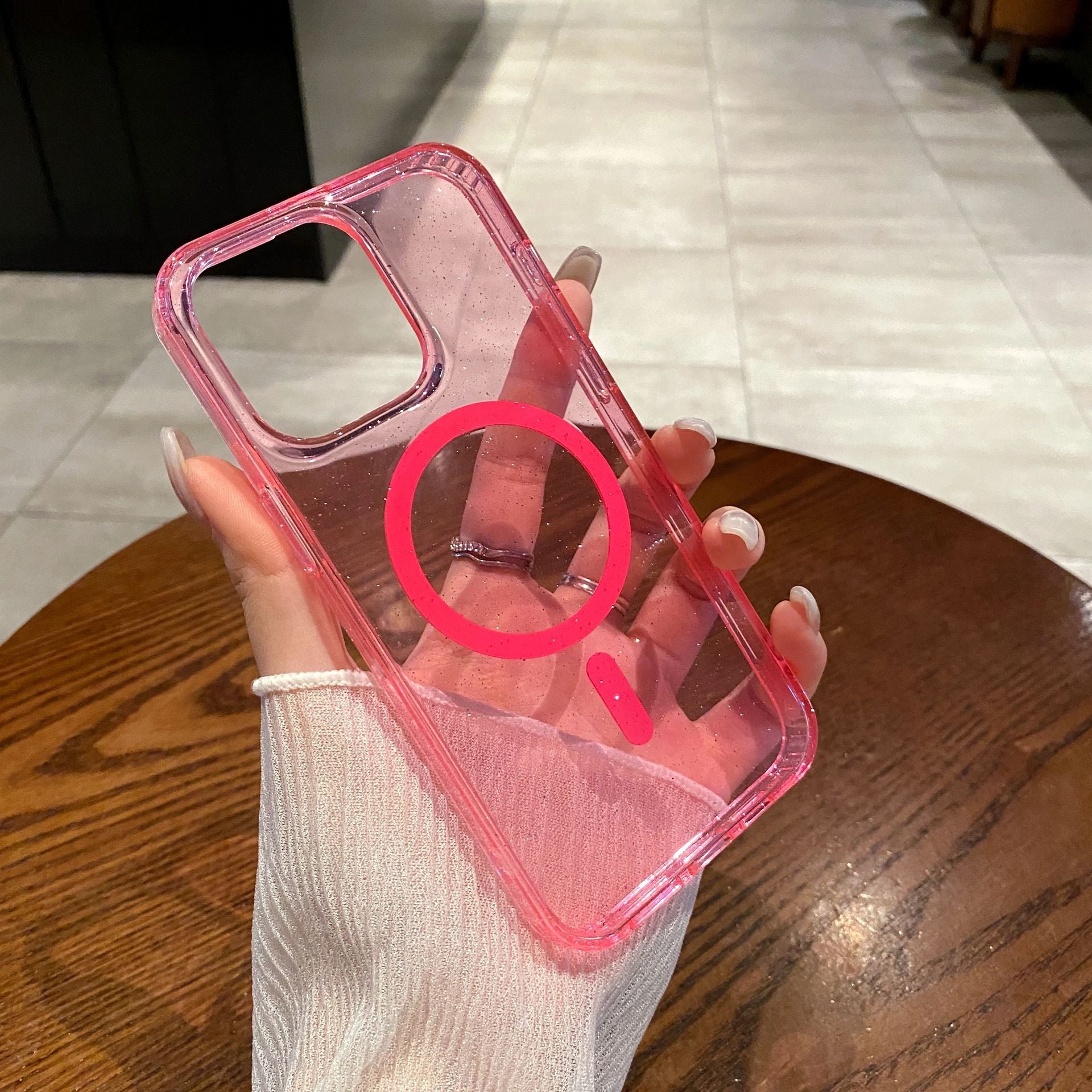 Coque Acrylique Transparent Avec Paillettes Chic Magnétique pour iPhone 14 - Rose