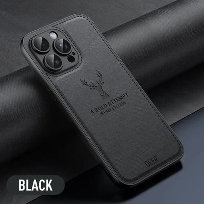 Coque Antichoc en Cuir Design Élégant avec Motif Cerf pour iPhone 14 Pro Max - Noir