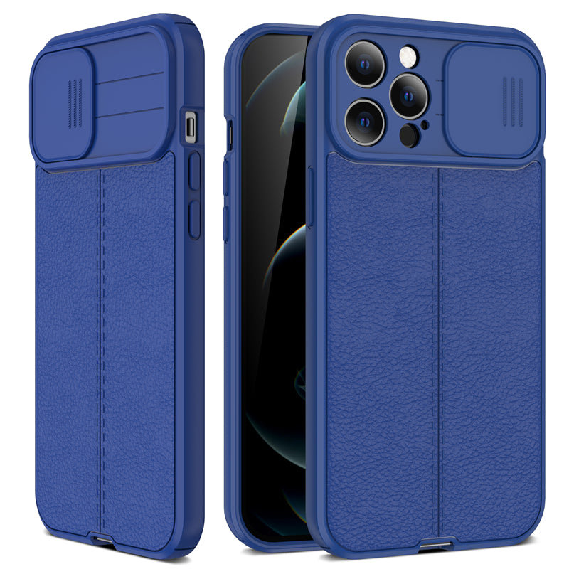 Coque Aspect Cuir Avec Protection Coulissante pour iPhone 14 Pro Max - Bleu