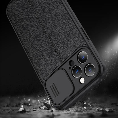 Coque Aspect Cuir Avec Protection Coulissante pour iPhone 15
