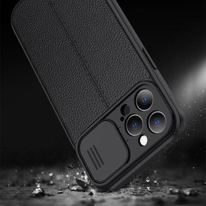 Coque Aspect Cuir Avec Protection Coulissante pour iPhone 16