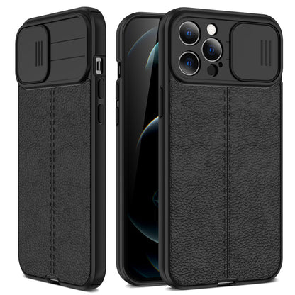 Coque Aspect Cuir Avec Protection Coulissante pour iPhone 16 - Noir