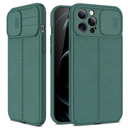 Coque Aspect Cuir Avec Protection Coulissante pour iPhone 16 - Vert
