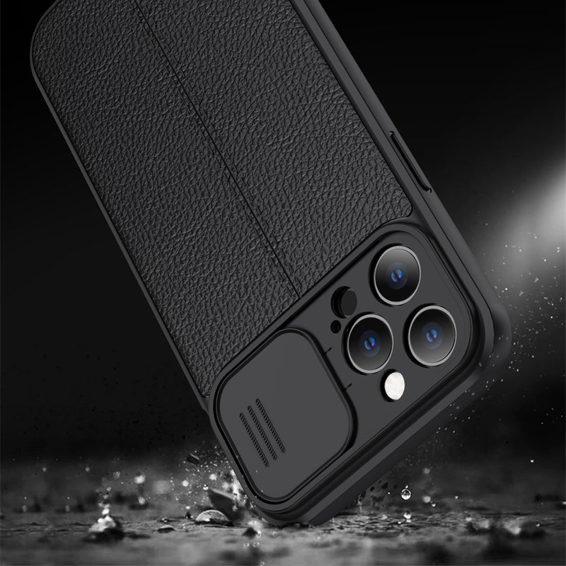 Coque Aspect Cuir Avec Protection Coulissante pour iPhone 15 Pro Max