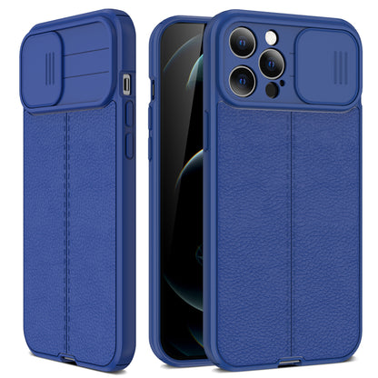 Coque Aspect Cuir Avec Protection Coulissante pour iPhone 15 Pro Max - Bleu