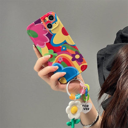 Coque Avec Porte-clés à Fleurs Graffiti pour iPhone 16 Plus