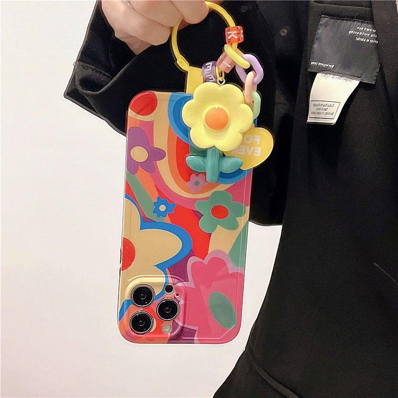 Coque Avec Porte-clés à Fleurs Graffiti pour iPhone 16 Plus