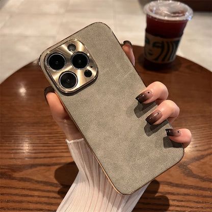 Coque Élégante En Cuir Avec Lentille Métallique pour iPhone 14