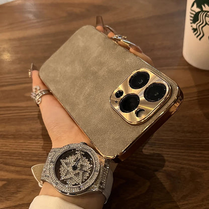 Coque Élégante En Cuir Avec Lentille Métallique pour iPhone 14