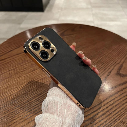 Coque Élégante En Cuir Avec Lentille Métallique pour iPhone 14 - Noir