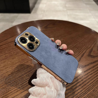 Coque Élégante En Cuir Avec Lentille Métallique pour iPhone 14 - Bleu