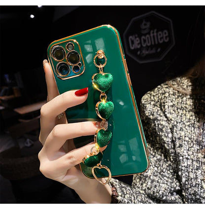 Coque en Métal Plaqué avec Chaine Cœurs pour iPhone 16 Plus