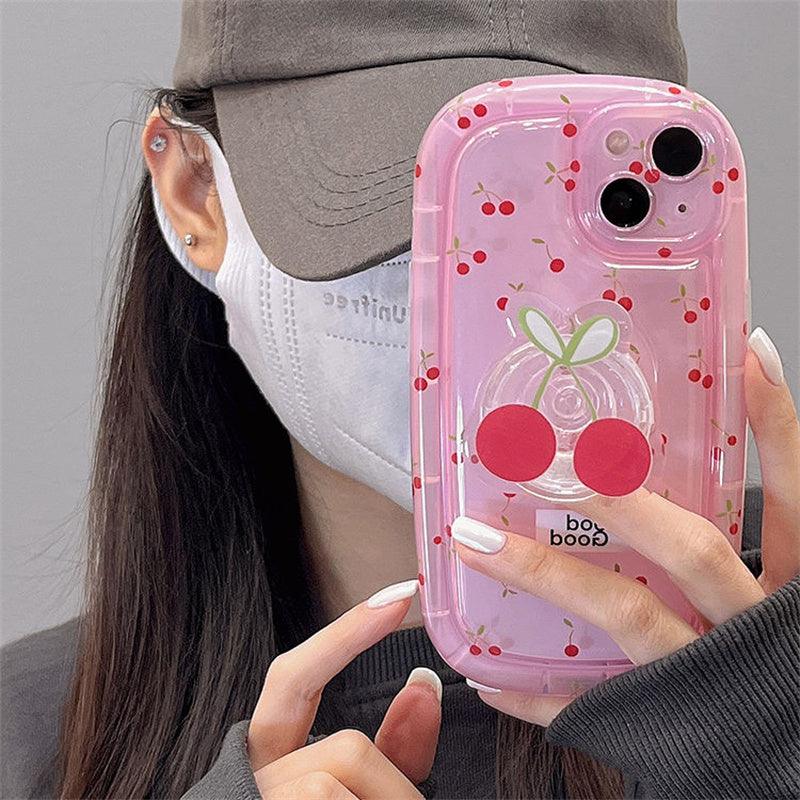 Coque en Silicone avec Support Petite Cerise pour iPhone 16 Pro
