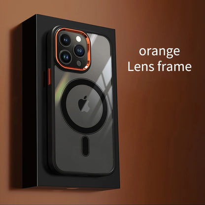 Coque Magnétique Transparente avec Cadre en Métal pour iPhone 16 Pro Max - Orange