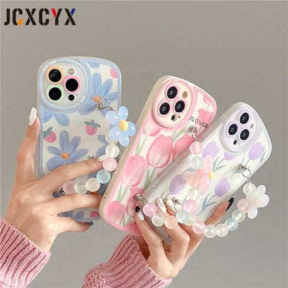 Coque Motif de Fleurs Avec Support en Perles pour iPhone 15 Plus - Coque Wiqeo 10€-15€, Chaine, Coque, iPhone 15 Plus, Silicone Wiqeo, Déstockeur de Coques Pour iPhone