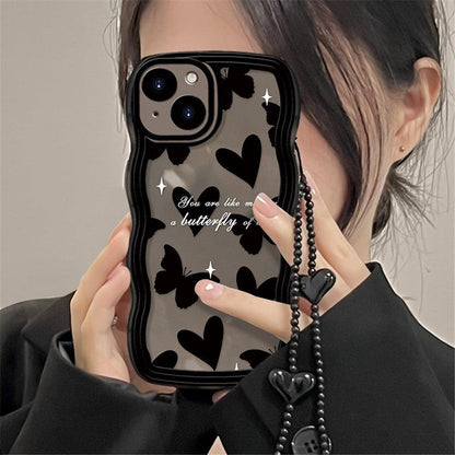 Coque Papillons et Cœurs avec Sangle pour iPhone 16 Pro Max