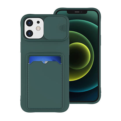 Coque Porte-carte en Silicone Avec Protection Coulissante pour iPhone 14 Pro Max - Vert Foncé